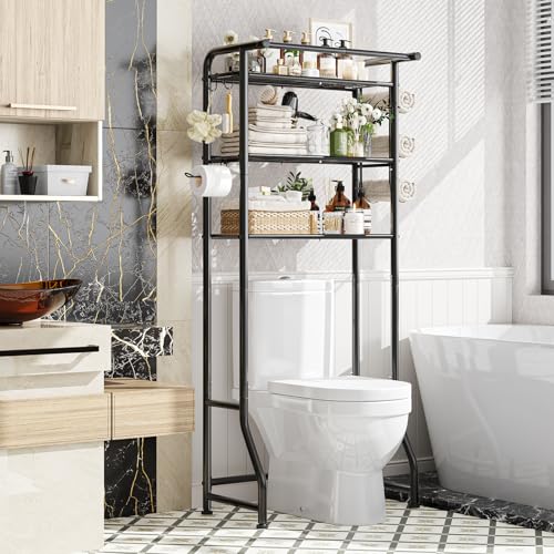 Simple Trending Over The Toilet Storage Cabinet, Metal Bathroom Shelf Organizer with Paper Holder and Hooks, 3 Tier, Black - color: Black