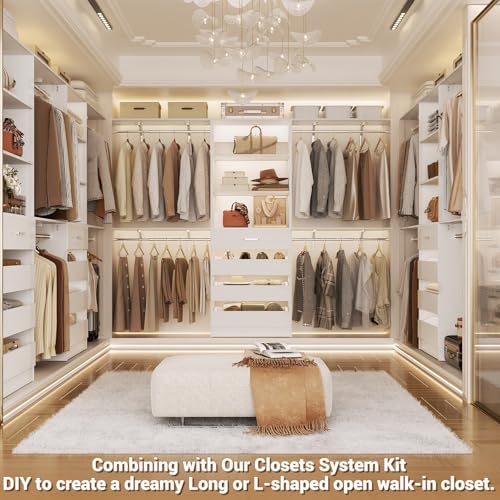 Aheaplus Closet System with Drawers Set of 2, Wood Closet Organizer System with 8 Hanging Rods & Top Shelves, Walk-in Closets Organizer Wardrobe Clothes Rack System, Cut Fits Spaces 4-9FT, White1 - color: White