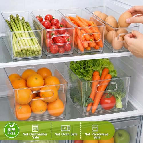 YKIOKE 8 Pack Clear Plastic Storage Bins with Handles,4 Large and 4 Small Stackable Organizer Containers for Kitchen, Countertops, Cabinets, Fridge, Drinks, Fruits, Vegetable, Cereals - size: 8-Pack