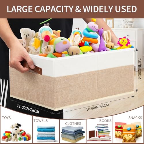 Closet Organizer Bins 3 Pack, Large Storage Bins for Shelves, Foldable Closet Storage Boxes Baskets with Leather Handles for Organizing Clothes, Sheets, Jeans, Toys, Books（Begie） - style: 3 Pack Begie & White