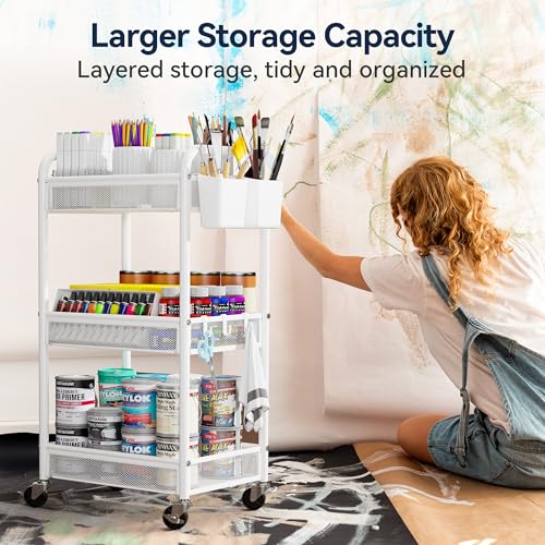 YASONIC 3 Tier Rolling Cart – Metal Utility Storage Carts with Wheels, Craft Carts Organizer with Hanging Cups, Hooks, Mesh Basket for Bedside Kitchen Office Art, White - color: White