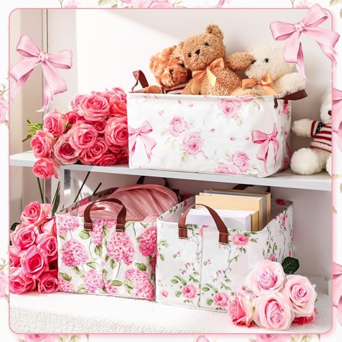 Boao 3 Pcs Pink Hydrangea Foldable Storage Baskets Pink Flower Laundry Basket with Handles Waterproof Storage Bins Fabric Shelf Baskets for Organizing Closet Clothes - style: Pink Floral