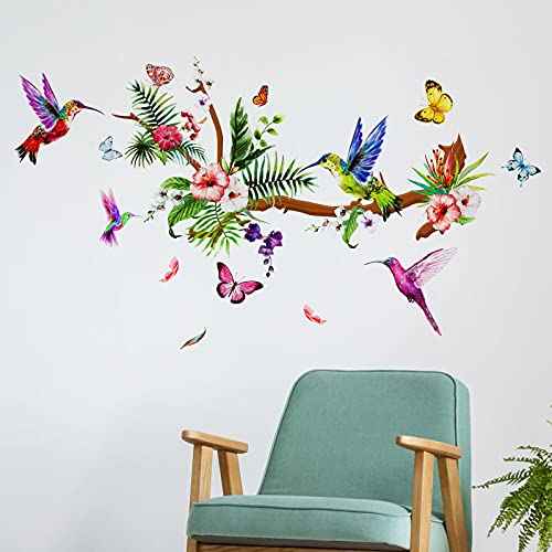 Zonon Hummingbirds Wall Decals Peel and Stick Birds Vinyl Wall Stickers Butterfly Flowers Colorful Hummingbird on The Tree Branch Flower Decals Garden Living Room Bedroom TV Decorations