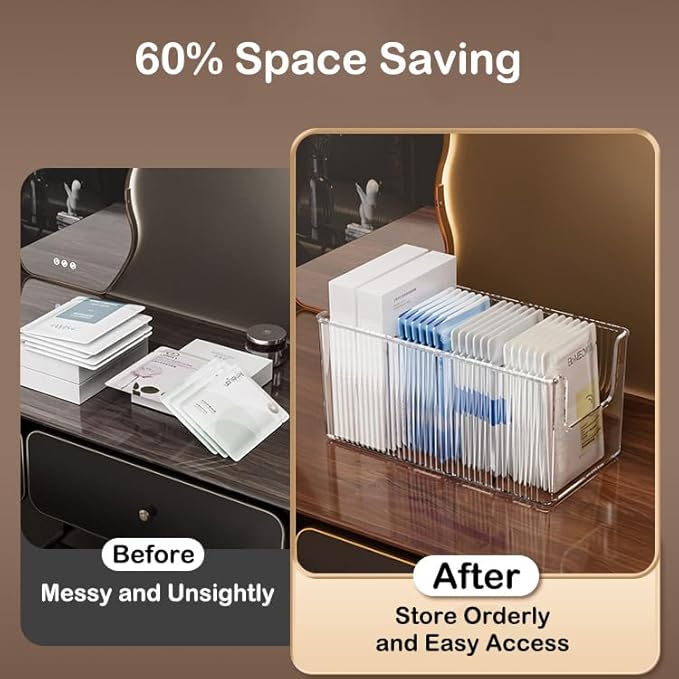 Extra Thick Acrylic Makeup Organizer with Removable Dividers - Waterproof Bathroom Storage for Sheet Masks/Essences/Cosmetics, Clear Visible Design, Space-Saving Vanity Organizer
