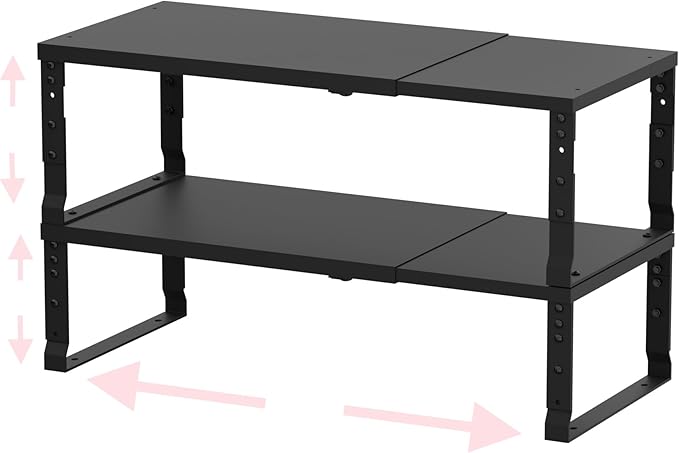 Adjustable Metal Shelving Unit, Stackable & Expendable Storage Rack for Home/Office/Kitchen, Space-Saving，Sturdy&Durable，Easy Assembly (2PACKS/Medium/Black
