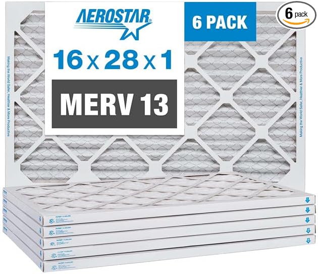 Aerostar 16x28x1 MERV 13 Pleated Air Filter, AC Furnace Air Filter, 6 Pack