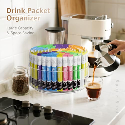 Divided Drink Packet Organizer, Largr Rotating Clear Lazy Susan Turntable for Powdered Drink Mix, Water Drink Packet Holder, Water Flavor Packet, Coffee, Tea – Space-Saving Countertop Organizer - size: 1 Pack - Large 3 Section