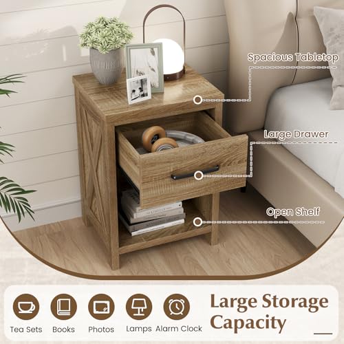 Giantex Farmhouse Nightstand, Wooden Bedside Table with Storage Drawer & Open Shelf, End Side Table, Rustic Night Stand for Small Space Bedroom & Home Office, Natural