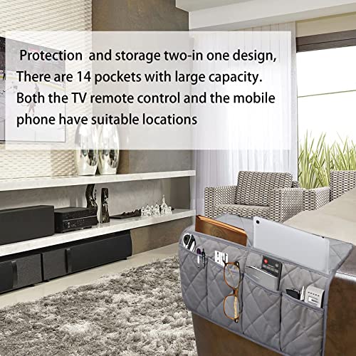 Armchair Caddy,Non Slip Sofa Armrest Organizer, Couch Armrest Remote Control Holder,Waterproof Recliner Arm Caddy with 14 Pockets for Cell Phone TV Remote Control - color: Grey