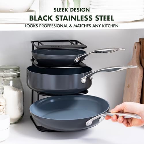 GreenPan Stainless Steel Wire Cookware Storage Rack, 5 Frying Pan Compartments, Countertop or Cabinent Organizer, Minimizes Clutter, Fast Drying, Wipes Clean, Black - size: Frying Pan Storage Rack