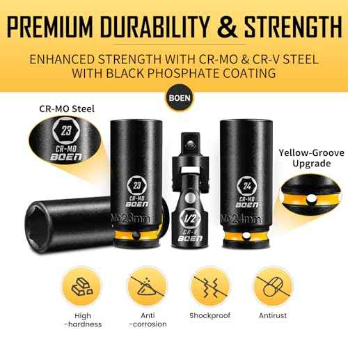 BOEN Pro 1/2" Drive Metric Deep Impact Socket Set, 21-Piece CR-MO &CR-V Steel, Upgraded Torque & Durability, 10mm-24mm, Includes Extension Bars, Universal Joint, Adapter ? Meets ANSI