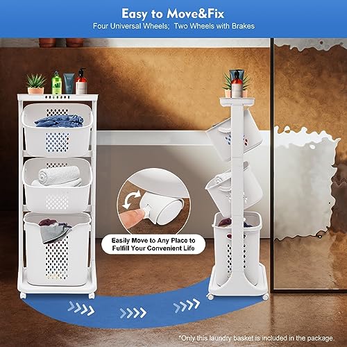Laundry Basket, 3 Tiers Storage Basket Plastic Clothes Hamper Movable Clothes Hamper Bathroom Hampers With Wheels,Portable Freestanding Dirty For Laundry Room Organization