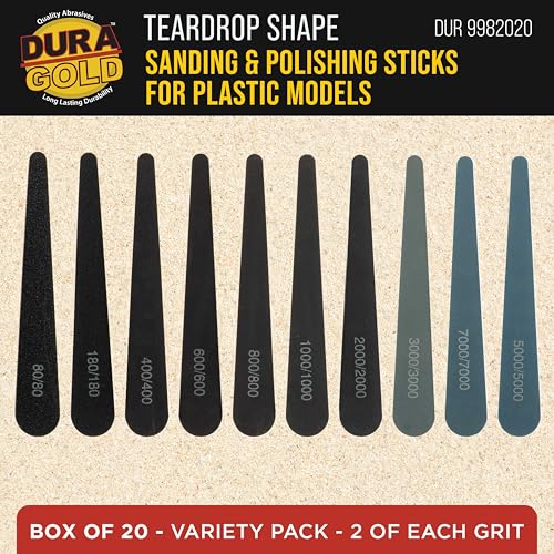 Dura-Gold Sanding Sticks and Polishing Sticks for Plastic Models, Pack of 20-2 Each of 10 Grits, Coarse 80 to Ultra-Fine 7000 Grit, Water Drop Style - Sand Wood Metal Auto Detailing, Hobby Sandpaper