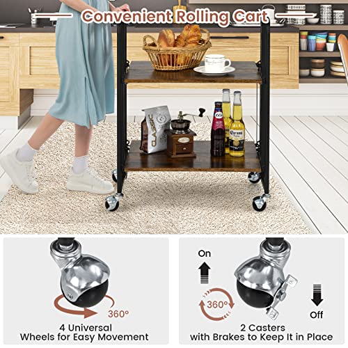 Giantex Foldable Storage Shelves with Wheels, No Assembly 2-Tier Rolling Cart, 2 of The Wheels Have Locks, Microwave Utility Cart Baker Rack, Portable Storage Rack w/Metal Frame, for Kitchen, RV - size: 27'' Tall
