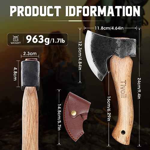 Tivoli 9-inch Small Hatchet Axe for Camping, Small Wood Hatchet Hand Axe, Hand Forged Carbon Steel Short Camp Axe for Chopping Wood, Ash Wood Handle, Retro Sheath