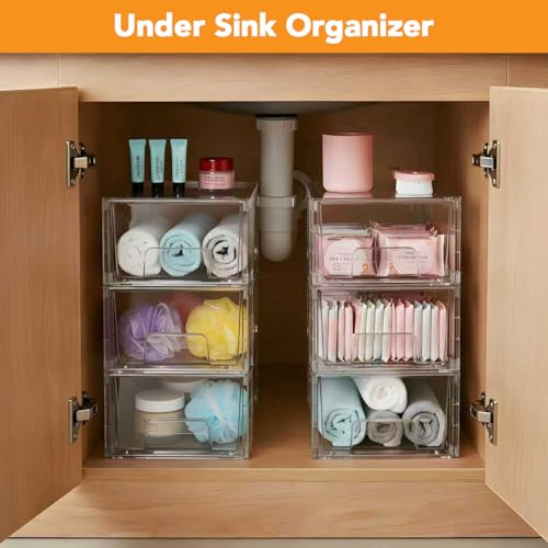 4 Pack Stackable Storage Drawers with Handles, Easy Assembly Clear Acrylic Fridge Organizer, Refrigerator Organizers and Storage for Kitchen, Under Sink, Pantry, Bathroom - size: 4Pack 4.4"H-with Dividers