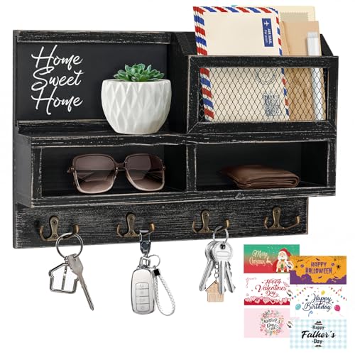 Key Holder Wall Mount, Wooden Mail and Key Organizer with Chalkboard and Mirror, 3 Greeting Cards, 8 Hooks, Black - color: Black