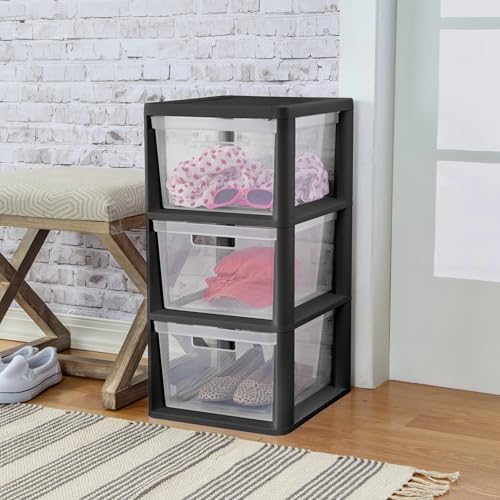 Plastic Drawer Wide Tower Plastic Storage Cart with Clear Pull Out Drawers, Black (Black, 3 Drawer Wide Tower) - color: Black
