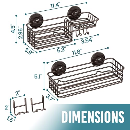 TAILI Shower Caddy Suction Cup 2 Pack with Hooks & Soap Holder, No Drilling Bathroom Organizer with Large Capacity, Heavy Duty Shower Organizer for Bathroom,Metal Storage Basket-Brown - style: 2 × Brown