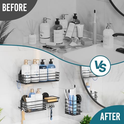 TAILI Shower Caddy Suction Cup, 3 Pack Shelves for Inside with Hooks & Soap Holder Toothbrush Cups, Removable Bathroom Organizer, Rustproof Black Shelves - style: 3 × Black