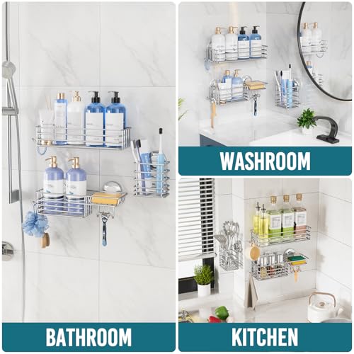 TAILI Shower Caddy Suction Cup, 3 Pack Shelves for Inside with Hooks & Soap Holder Toothbrush Cups, Removable Bathroom Organizer, Rustproof Silver Storage-Silver - style: 3× Silver