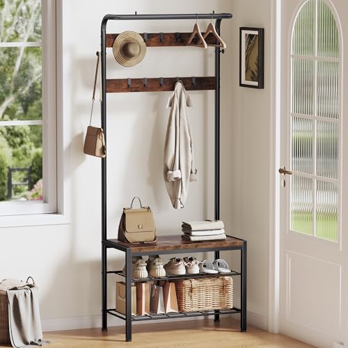 DUMOS Hall Tree with Shoe Bench and Coat Rack, Entryway Bench with Shoe Storage and Hooks, 4-in-1 Coat and Shoe Rack for Entryway, Mudroom Storage Organizer with Shelves, Rustic Brown