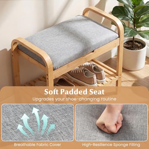 Giantex Small Entryway Bench with Storage, 2-Tier Bamboo Shoe Rack Bench with Flip Top Storage Space and Padded Cushion, Shoe Organizer for Entryway, Living Room, Hallway, Bedroom,Natural - size: 13"D x 24"W x 22"H（With Flip-Top Storage）