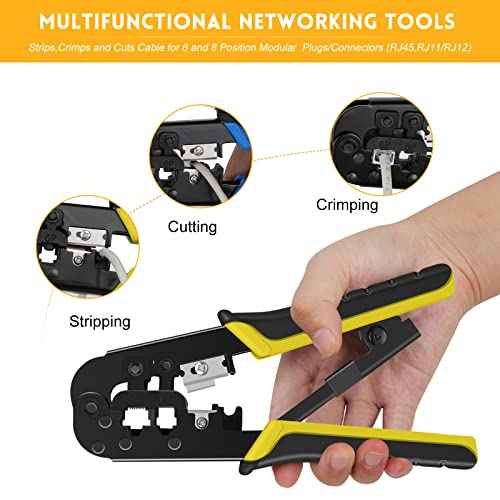 RJ45 Crimp Tool Kit for Cat5 Cat5e Cat6 Modular Plugs Connectors, RJ-11, 6P/RJ-12, 8P/RJ-45 Network Crimping Tool, Modular RJ45 Crimper Strip, Cut, Crimp, All-in-One