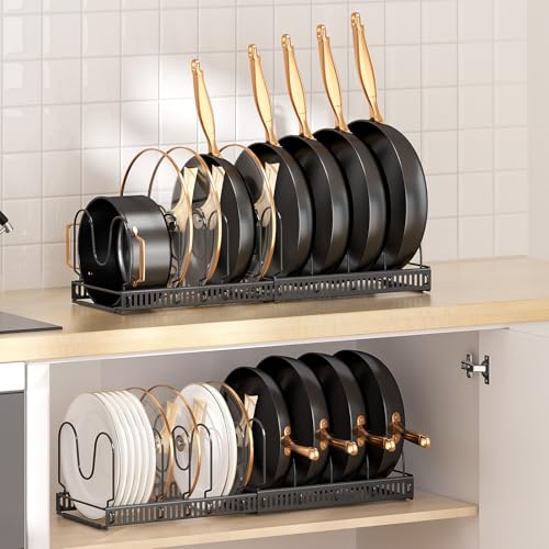 MUDEELA 2 Pack Pots and Pans Organizer Rack for under Cabinet, Expandable Pot Lid Kitchen Cabinet Organizer Holder with 10 Adjustable Compartment Cutting Board Organizer for Pan Lid, Bakeware Sheet - style: 2 Pack 10 Dividers-Black
