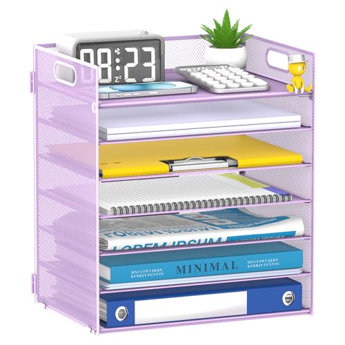 7 Tier Paper Organizer - Mesh Desktop File Holder with Handles for Office School Desk, Black (Purple) - color: Purple