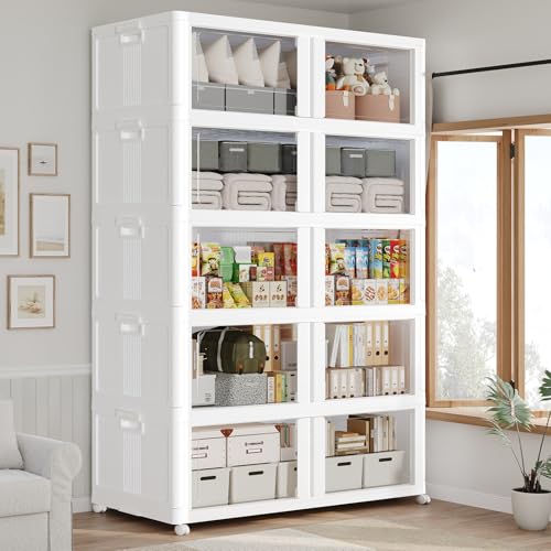 250GAL Large Stackable Storage Bins with Lid and Wheels, 1000Qt Collapsible Organizer Cabinet with Clear Door, for Closet, Bedroom, Kitchen, Garage, 5-Pack White - style: 5 Pack