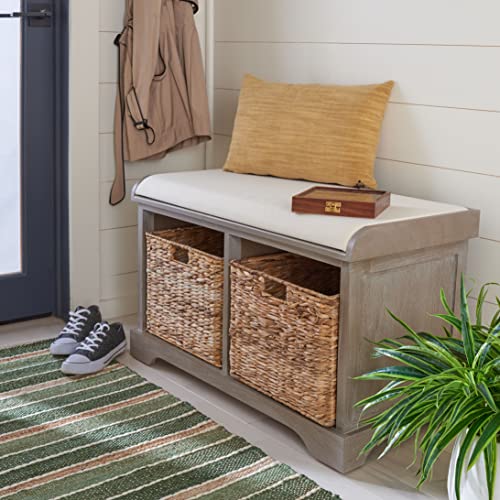 SAFAVIEH Home Collection – Freddy White Wash Storage Bench with Wicker Baskets & Cushion, Entryway Seating Bench, Fully Assembled (AMH5736G) - color: White Washed