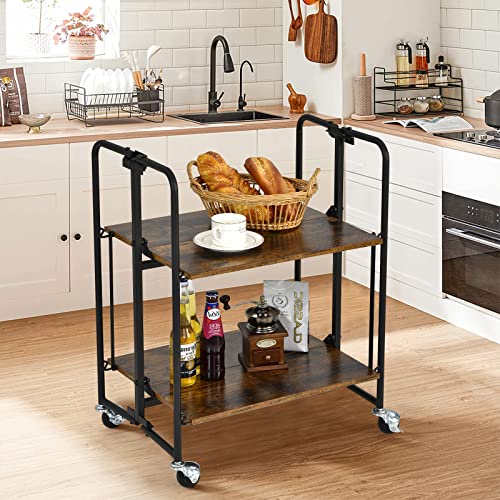 Giantex Foldable Storage Shelves with Wheels, No Assembly 2-Tier Rolling Cart, 2 of The Wheels Have Locks, Microwave Utility Cart Baker Rack, Portable Storage Rack w/Metal Frame, for Kitchen, RV - size: 27'' Tall
