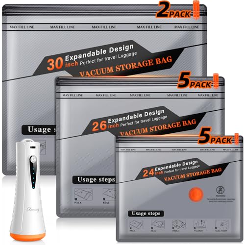 Vacuum Storage Bags for Travel with Rechargeable Air Pump, 12 Pack Space Saver Bags for Clothing, Luggage & Suitcase Compression, Efficient & Portable Storage Solution for Travel Essentials