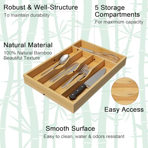 Youpehom Bamboo Utensil Organizer for Kitchen Drawers, Utensil Tray and Cutlery Silverware Holder,Wood Drawer Dividers with 5 Slots，2 pack - size: 5 Slots-2 Pack