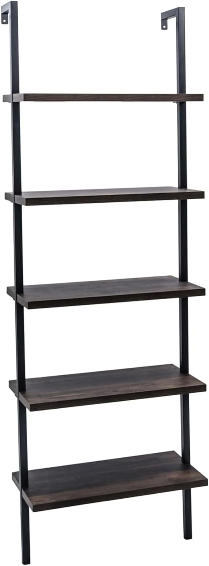 Nathan James Theo 5-Shelf Wood Modern Bookcase, Open Wall Mount Ladder Bookshelf with Industrial Metal Frame, Dark Walnut Brown/Black, Set of 4