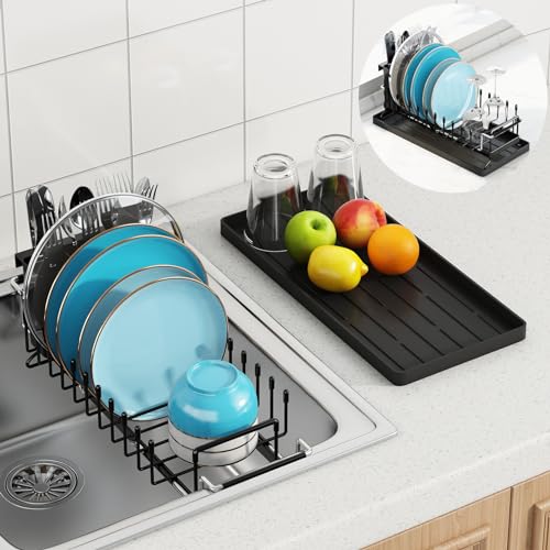 ANTOPY Sink Dish Drying Rack - Expandable Small Dish Rack Over Sinks with Silicone Drying Tray, Dish Drainer for Kitchen Counter with Cutlery Holder, Drying Rack Fit for 14’’-19’’ Kitchen Sink - style: In Sink (Small)
