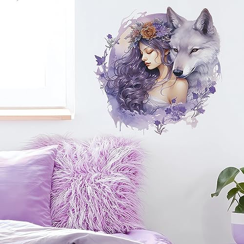 Vivid Purple Wolf Girl Wall Stickers, sacinora Creative Cold Beauty Art Wall Decals Removable Vinyl Peel and Stick for Nursery Living Room Bedroom Children's Room Decorations