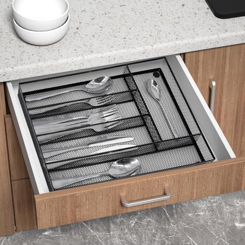 Neudeco Silverware Drawer Organizer - 5 Compartment Cutlery Tray with Non-Slip Feet, Mesh Wire Flatware Storage Divider for Kitchen, Bedroom, Living Room (Black) - color: Black