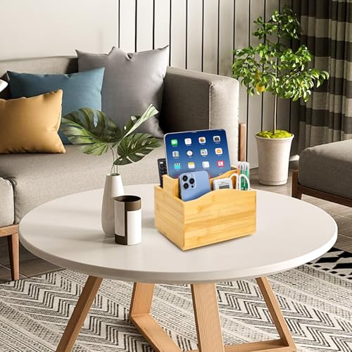 DEAYOU Bamboo Rotating Remote Caddy, 360 Degree Spinning Remote Control Holder, 5 Compartment Revolving Nightstand Bedside Table Organizer for Controller, Pen, Phone, Mail, Calculator, Office