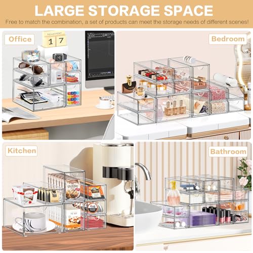 Desk Organizer with 14 Drawers, FODIENS 14 Packs Acrylic Stackable Desktop Storage Drawer Makeup Organizer, Clear Craft Storage Box Cabinets for Office Vanity Countertop Bathroom Bedroom - size: 14 Drawers