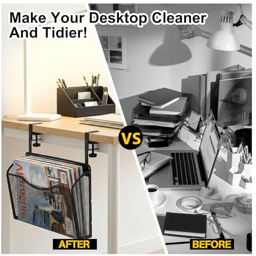 Clamp On Desk Organizer, 2-IN-1 Under Desk Side Organizer Storage Hanging Wall Mounted File Holder Under Desks Drawer Mesh File Organizers for Office Home Room Storage Basket
