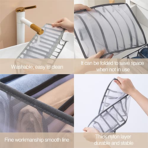 Wardrobe Clothes Organizer, 7 Grids Washable Portable Closet Organizer Mesh Separation Storage Box Foldable Closet Drawer Organizer for Underwear, Socks, Scarves, Jeans (Grey, 2 Jeans Grid) - size: 2 Jeans Grid