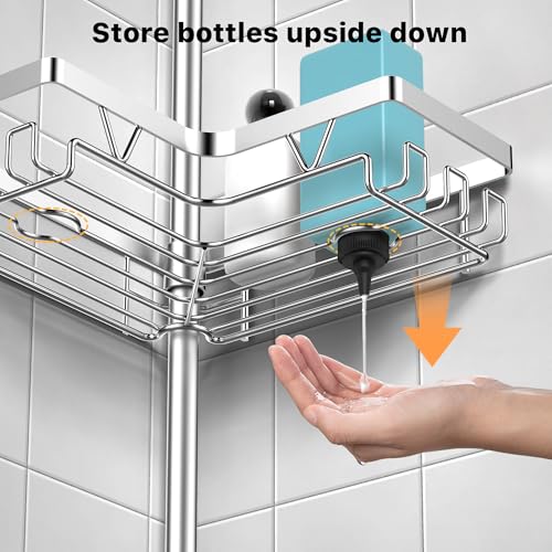 KEGII Corner Shower Caddy Tension Pole, Adjustable Shower Tension Rod Organizer, Floor to Ceiling Shower Caddy 25-114.2 inch, Silver - style: Tension Caddy 6 Pack-Brushed Silver