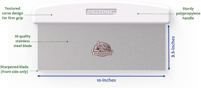 Bakerdale Large Bench, Dough, Cake Scraper, Icing Smoother Spreader, 10-inch Long Stainless Steel Blade, with White Polypropylene Handle