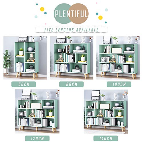 IOTXY Wooden Open Shelf Bookcase - 3-Tier Floor Standing Display Cabinet Rack with Legs, 7 Cubes Bookshelf, Tiffany-Green - color: Tiffany Green, size: 80CM