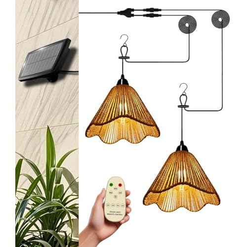 Solar Chandelier Outdoor Waterproof, Gazebo Lights Solar Powered with Remote Control, Boho Hanging Pendant Light for Porch, Patio, Pergola, Shed, Garden Decor, Balcony(2 Lights)