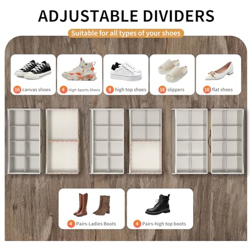 2 Pack Shoe storage Organizer for closet with wheels,No Assemble Required Shoe boxes with premium waterproof material，Adjustable Dividers Fits 16 Pairs,shoe Storage Bins with Reinforced Handle