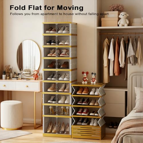 SYNCVIBE Shoe Rack Organizer for Closet Entryway Foldable Sneaker Storage Shoe, Collapsible Shoe Cabinet, Stackable Shoe Storage Cabinet with Lids for Living Room (9 Tiers -18 Pairs White Gold) - size: 9 Tiers -18 Pairs White Gold