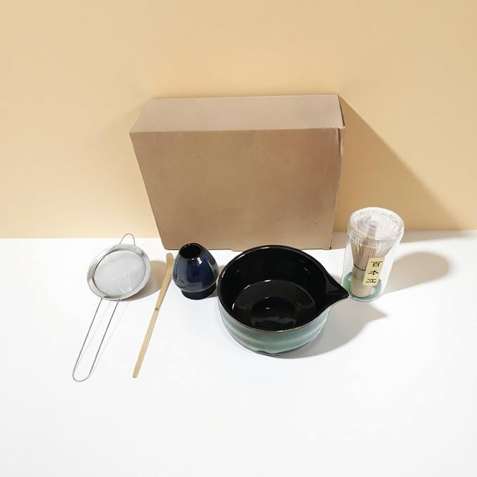 ZaH Matcha Whisk Set - Kit of 5pcs - Matcha Whisk and Bowl, Ceramics Whisk Holder, Bamboo Tea Scoop, Sifter (Glaze Navy)